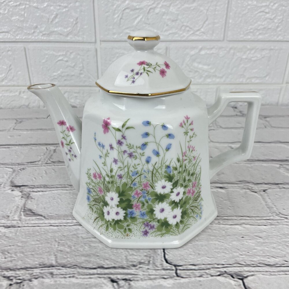 Vintage Porcelain Hexagonal Teapot with Wildflower Floral Pattern and Gold Trim